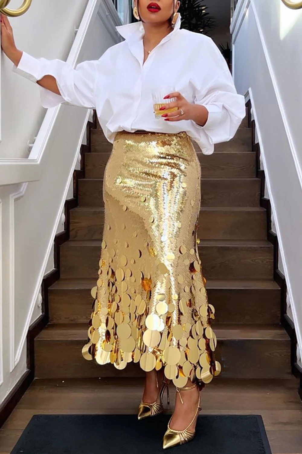 Damen Plus Size formelle Röcke elegante Gold lange Pailletten Party Club Abend hohe Taille Röcke weibliche lässige Cocktail röcke Image