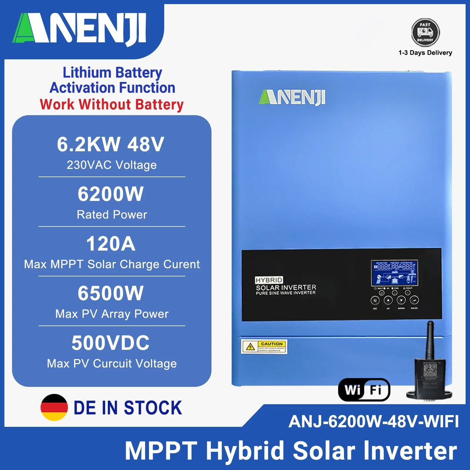 Onduleur solaire hybride 6500VA 6,2 kw MPPT 48V 230Vac sur réseau hors réseau onduleur PV sinusoïdal pur 120A contrôleur de Charge solaire PV 500V