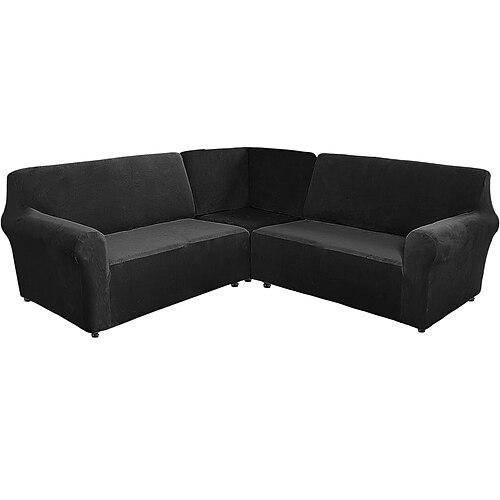 Stretch-Samt-5-Sitzer-Sofabezug in L-Form, einfarbig, All-Inclusive-Sofabezug für private Sitzecke in L-Form Image