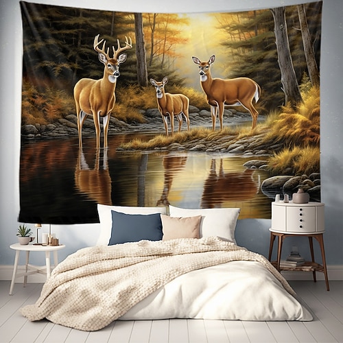 Herbst Hirsch Wald hängen Wandteppich Kunst große Wandteppich Wandbild Dekor Fotografie Hintergrund Decke Vorhang Haus Schlafzimmer Wohnzimmer Dekoration Wandtuch XXL Natur Image