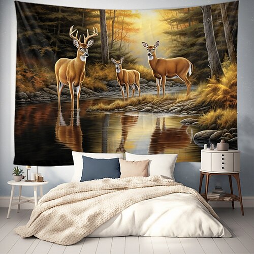Herbst Hirsch Wald hängen Wandteppich Kunst große Wandteppich Wandbild Dekor Fotografie Hintergrund Decke Vorhang Haus Schlafzimmer Wohnzimmer Dekoration Wandtuch XXL Natur Image