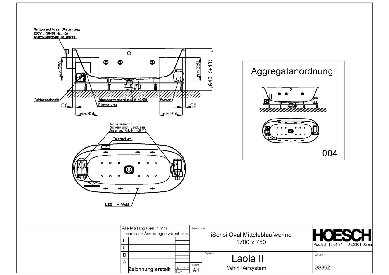 Hoesch Whirlpool iSensi Oval 1700x750 Laola II, verchromt Motor re. und li., 3836Z.010305004 3836Z.010305004 Image