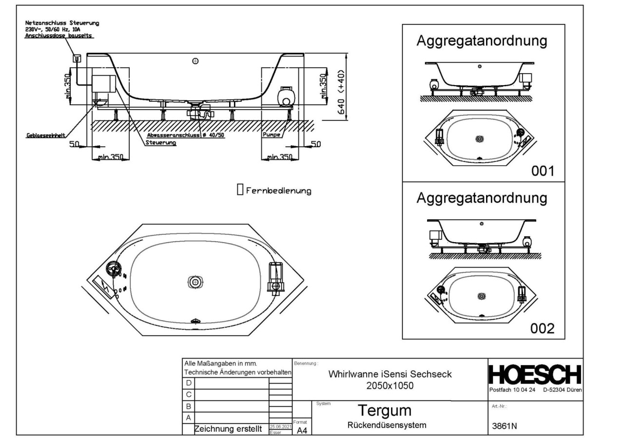Hoesch Whirlpool iSensi Sechseck 2050x1050 Tergum, Weiß/verchromt/Motor rechts, 3861N.010305001 3861N.010305001 Image