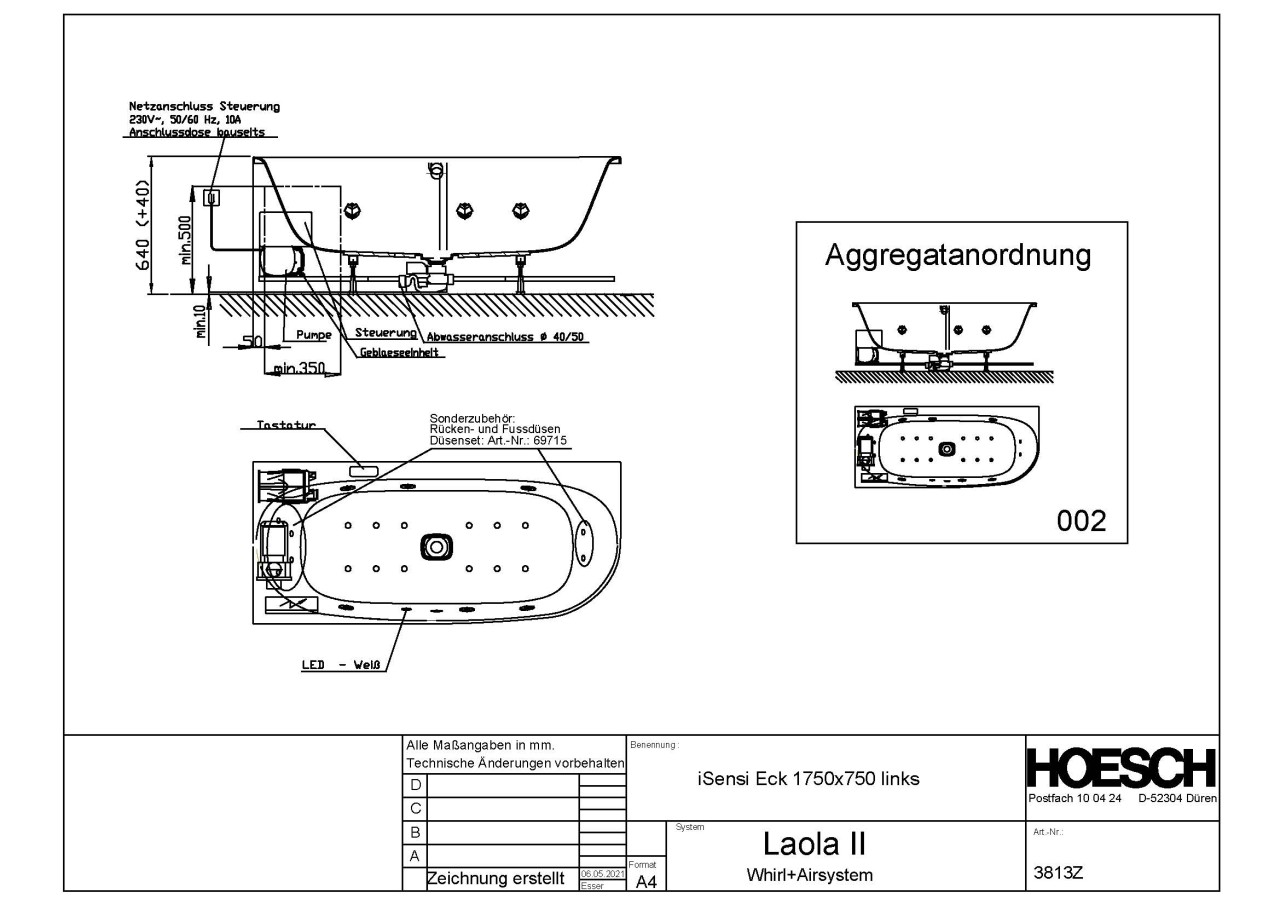 Hoesch Whirlpool iSensi Trapez 1500x1000 links Laola II, Weiß/verchromt/Motor links, 3954Z.010305002 3954Z.010305002 Image