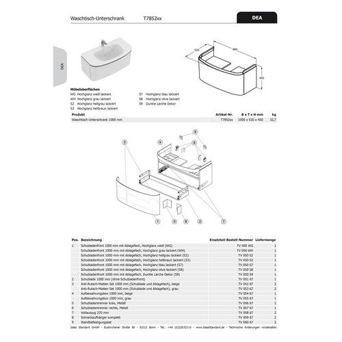 Ideal Standard Schubladenfront DEA,für WT-US b:1000mm, TV050S2 mit Ablage, Hochglanz hellgrau lackie TV050S2