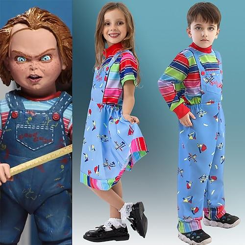 Chucky gruselige Puppen-Outfits, 2-teilig, Halloween-Gruppe, Familienkostüme, Jungen-Mädchen-Film-Cosplay-Kostüm, Halloween-Karneval, Kindertag