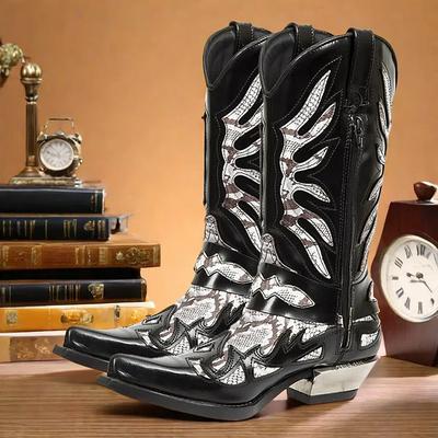 Men's Gothic Cowboy Boots - Black and Silver Snakeskin Faux Leather Western Boots with Flame Cutout Design and Metal Heel for Rock, Biker, and Party Events