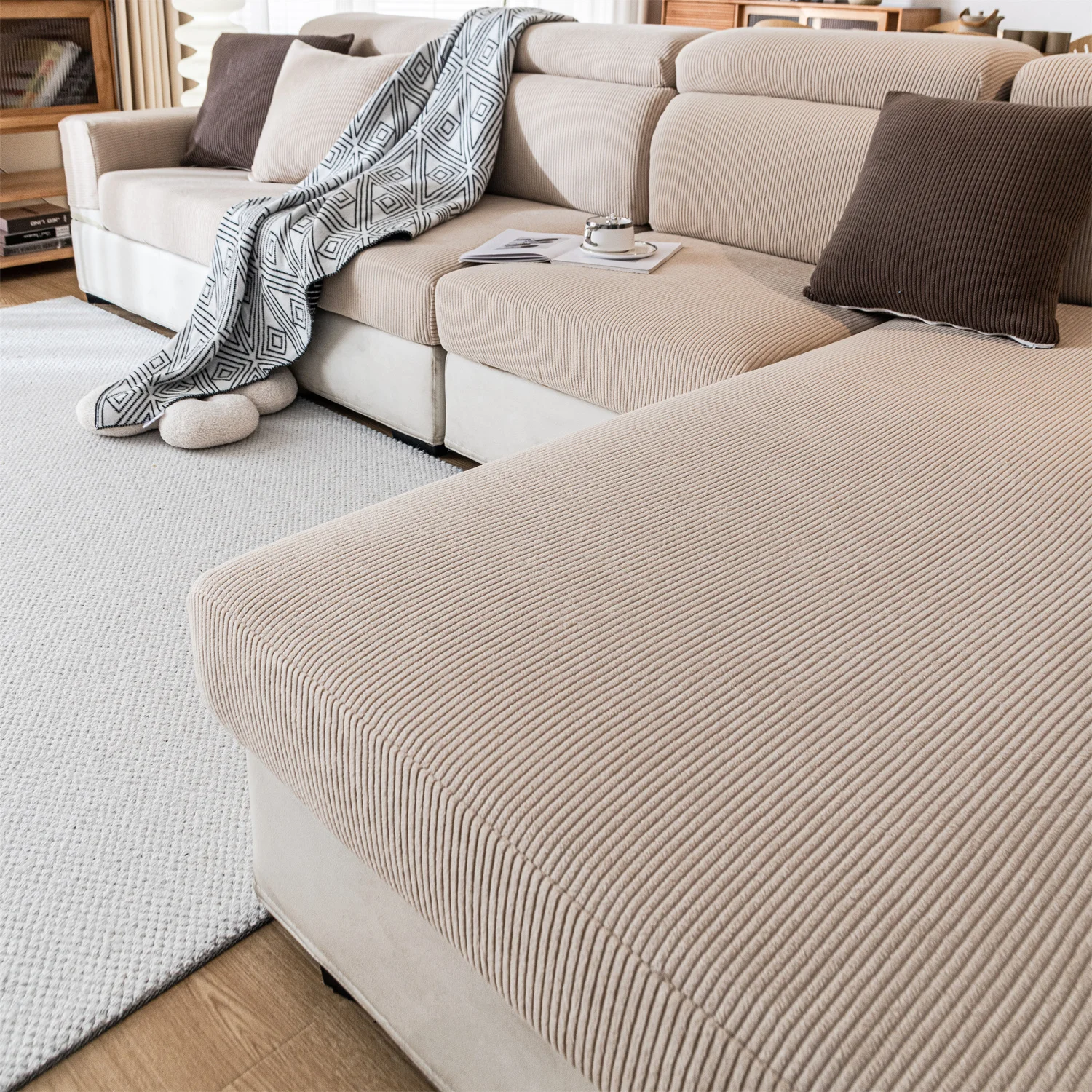 Verdickter Streifen-Jacquard-Stretch-Abnehmbarer Sofa-Sitzkissenbezug, waschbar, für Wohnzimmer, Kinder, Haustiere, Möbelschutz Image