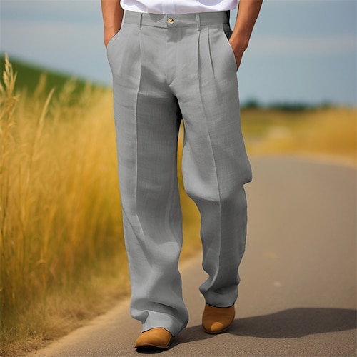 Herren Anzughosen Leinenhose Hose Hosen Sommerhosen Faltenhose Vordertasche Gerade geschnitten Glatt Komfort Atmungsaktiv In voller Länge Casual Täglich Festtage Modisch Strassenmode Schwarz Weiß Image