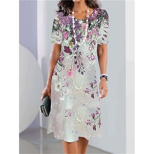 Damen Elegantes Partykleid Abendkleid Midi Kleid Rundhals Kurzarm Lässiges Kleid Shift Kleid Sommerkleid Stilvoll Formal Arbeit Lässig Regulär Passform Floral Schwarz und Weiß Rot Blau Lila Image
