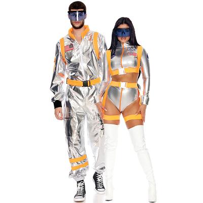 Couples Astronaut Costume Jumpsuit Sexy Halloween Group Couples Costumes Silver Space Suit for Men Women with Embroidered Patches