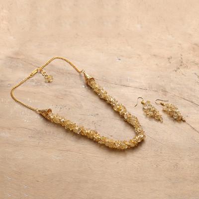 'Gold-Toned Citrine Beaded Necklace and Earrings Jewelry Set'