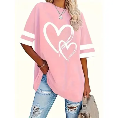 Plus Size Heart Print T-Shirt Casual Crew Neck Short Sleeve T-Shirt Women's Plus Size Clothing