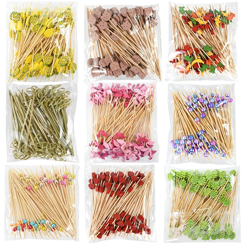 100 Stücke Einweg Bambus Spieß Hawaiian Flamingo Perle Cocktail Picks Buffet Lebensmittel Obst Gabeln Für Hochzeit Geburtstag Party Decor Image
