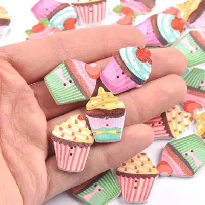 50pcs Mixed Painting Cake Wooden Buttons For Crafts Scrapbooking Sewing Clothes DIY Kid Apparel