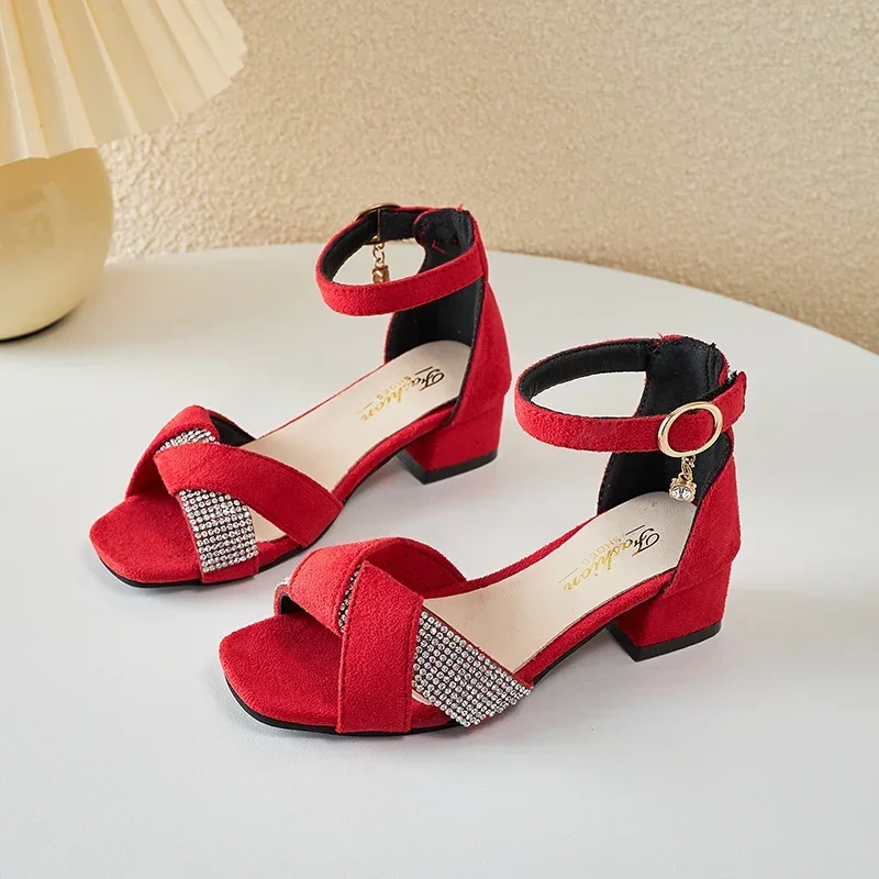 Kinder Mary Janes für Party, Hochzeit, Shows, niedrige Absätze, plissierte Strasssteine, schicke Mädchen-Sandalen, klassische rote Kinderschuhe, PU, 2024, Neu Image