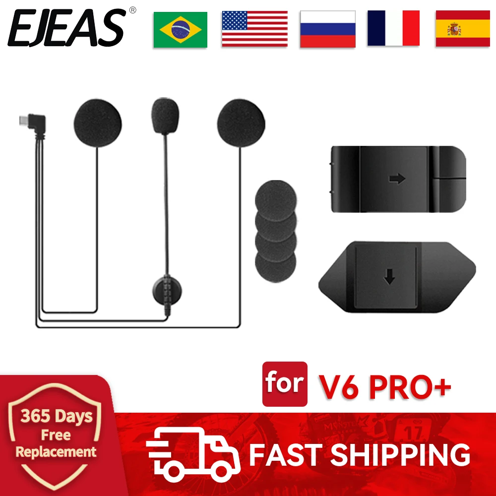 Ejeas v6 pro mikrofon lautsprecher kopfhörer mit halterung clip doppelseitige band basis TYPE-C jack headset motorrad helm intercom Image