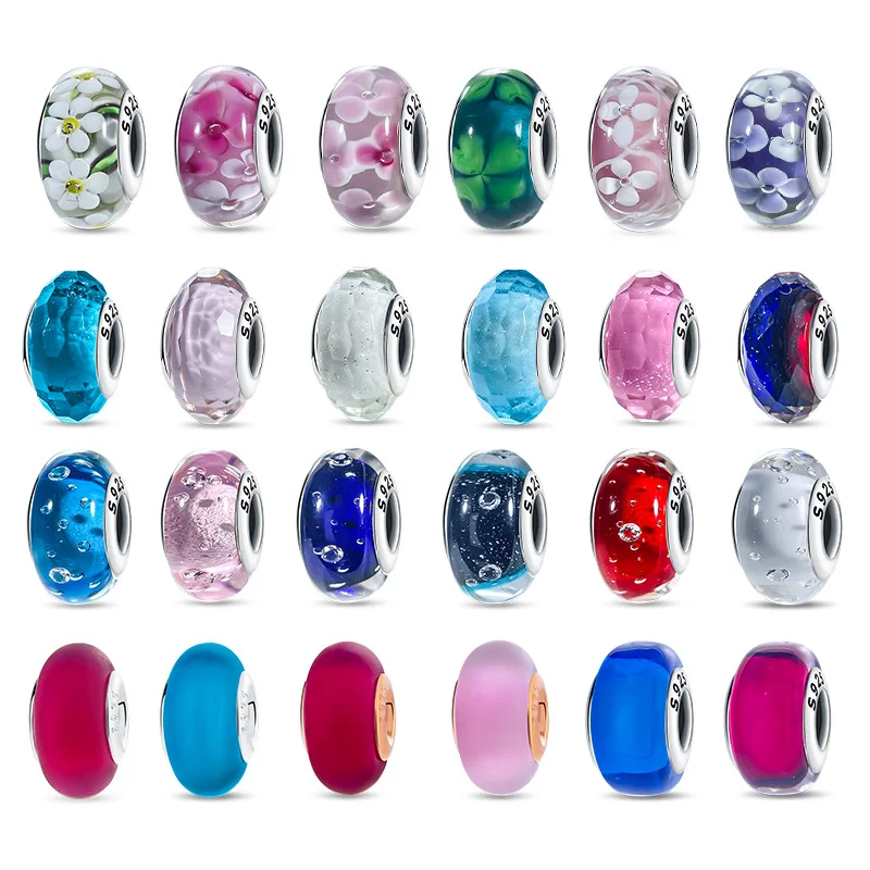 Argent 925 série de fleurs colorées perles de verre de Murano breloque ajustement Bracelet Original verre de Murano bricolage pour les femmes bijoux cadeau