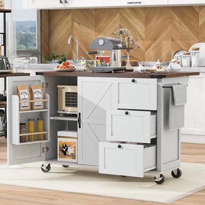 Roomfitters 54.5" Farmhouse Kitchen Island with Power Outlet, Kitchen Island with Internal Storage Rack, Rolling Kitchen Cart