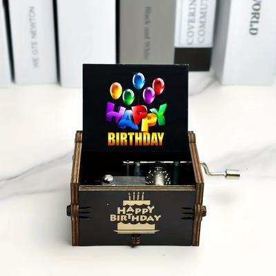 TEMU 1pc Vintage Laser-engraved Hand Crank Music Box - Happy Birthday Artificial Wood Decorative Gift With Balloon & Cake Design, No Electricity Needed For Home Decor, Aesthetic, Mechanical Image