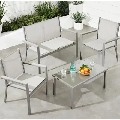 4-Piece Outdoor Textilene Patio Conversation Set, Backyard Furniture w/Loveseat, Coffee Table, Steel