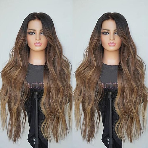 Remy Menschenhaar 13x4 Spitzenfront Perücke Freier Teil Brasilianisches Haar Wellen Braun Mehrfarbig Perücke 130% 150% Haardichte Gefärbte Haarspitzen (Ombré Hair) Strähnchen / Balayage-Technik 100 Image