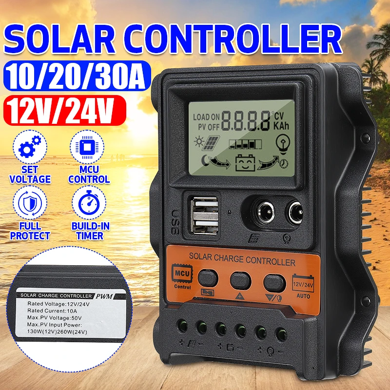 Neue Solar Laderegler PWM Controller Mit LCD Display 10A 20A 30A 12V 24V Dual USB 5V Ausgang Solar Panel Ladegerät Regler Image