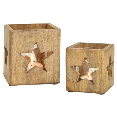 Spetebo - Stern Windlichthalter 2er Set Mango Holz - Glaseinsatz - Teelicht Kerzen Halter Image