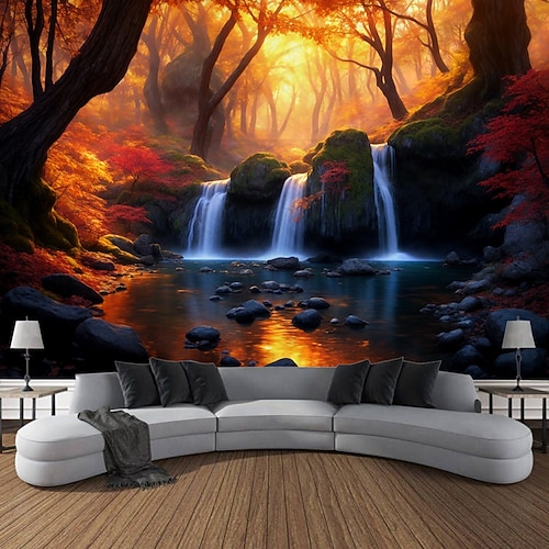 Herbst Wald Kaskade hängen Wandteppich Wandkunst große Wandteppich Wandbild Dekor Fotografie Hintergrund Decke Vorhang Haus Schlafzimmer Wohnzimmer Dekoration Wandtuch XXL Natur Image