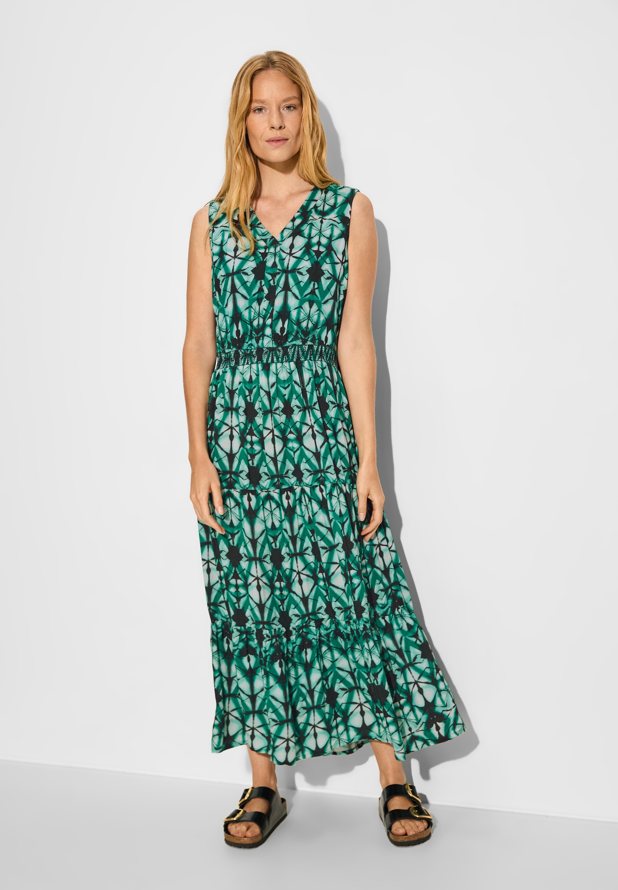 Sommerkleid CECIL, Damen, Gr. XXL (46), US-Größen, grün (fir grün), Stoff, 100% Lenzing™ EcoVero™ Viscose, bedruckt, gerade lang, V-Ausschnitt, Bündchen, Kleider Sommerkleid, mit Volant
