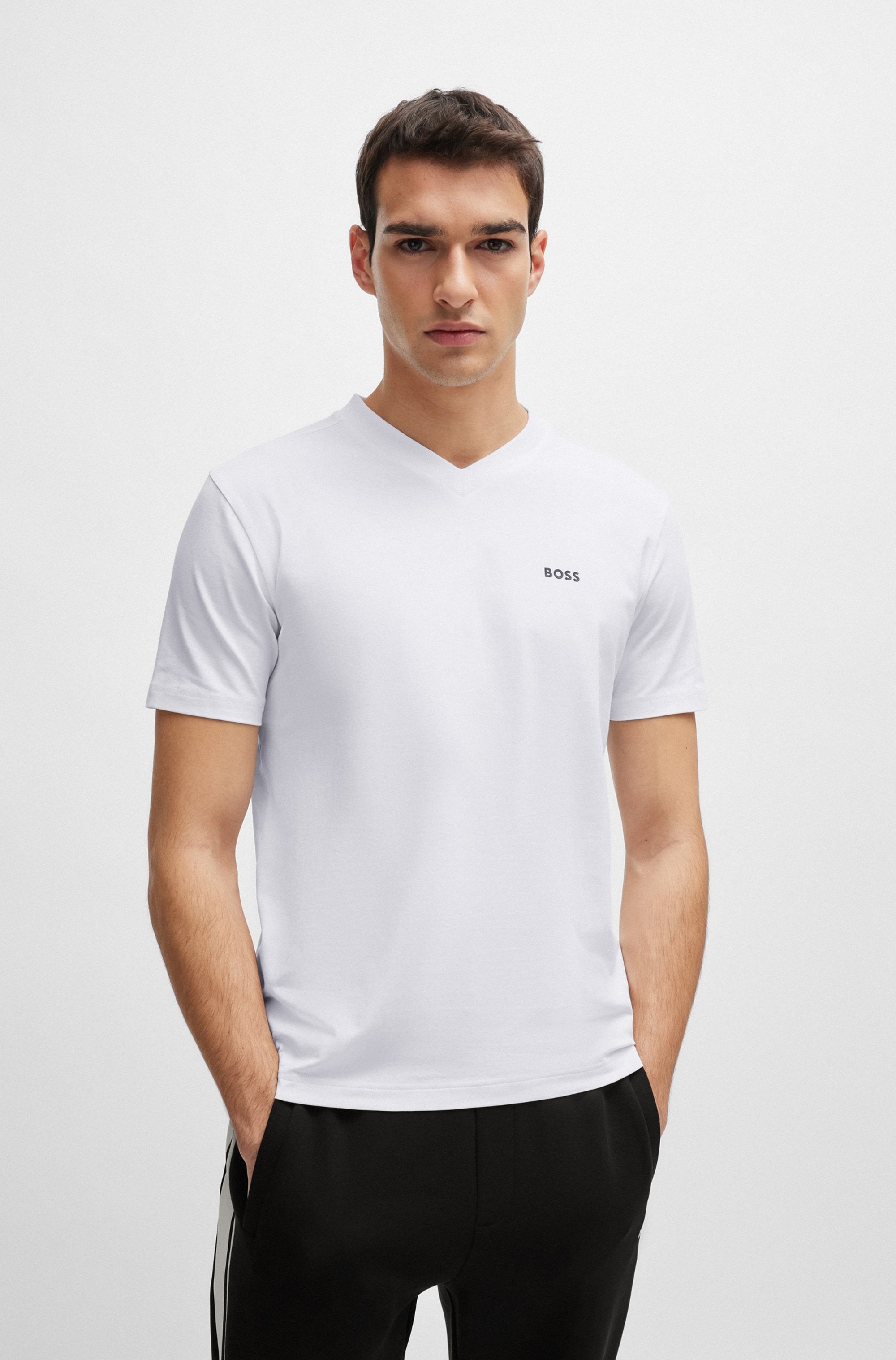 T-Shirt BOSS GREEN "Tee V", Herren, Gr. XL, weiß (weiß100), Single Jersey, Obermaterial: 95% Baumwolle, 5% Elasthan, unifarben, regular fit normal, V-Ausschnitt, eingesetzt eingefasste Kante, Shirts, mit V-Ausschnitt Image