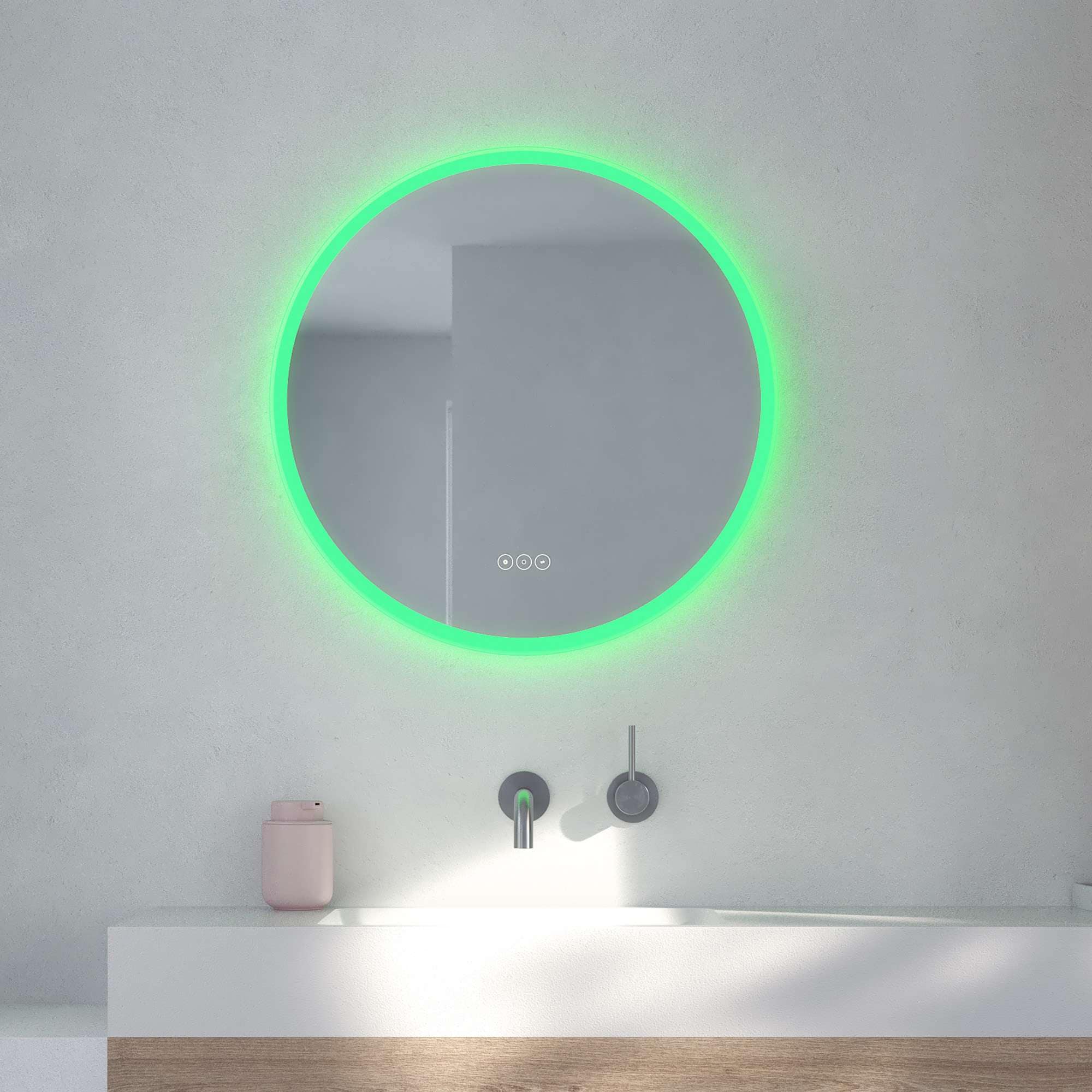 Badspiegel LOEVSCHALL "Johannesburg RGB Badezimmerspiegel, rund, Farbwechsel, dimmbar", weiß, B:60cm H:60cm T:3,5cm Ø:60cm, Spiegelglas, Spiegel, mit MultiWhite und RGB-Licht, Touchpanel für Lichtsteuerung Image