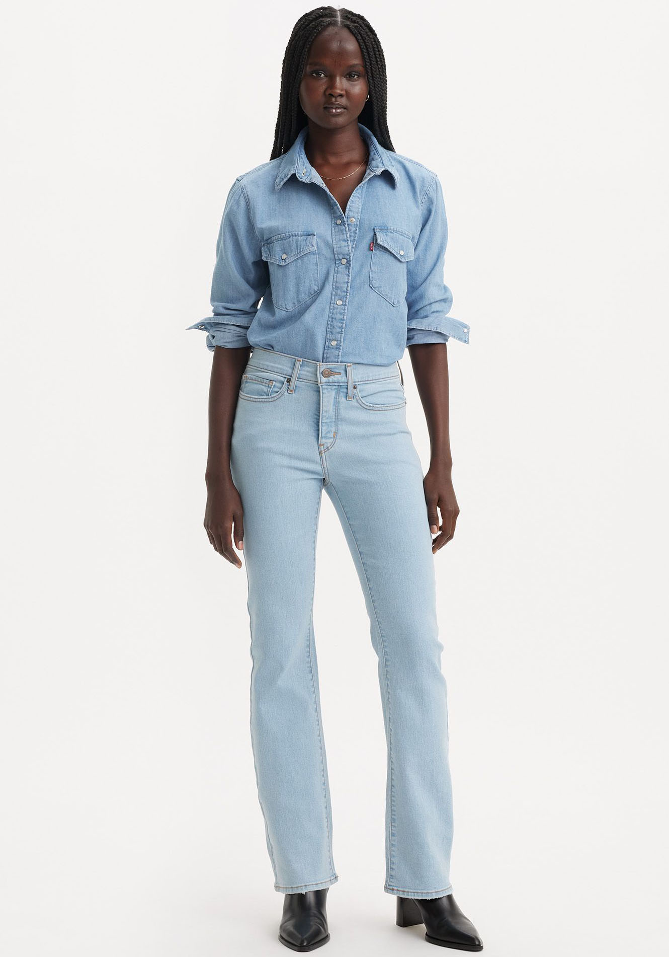 Bootcut-Jeans LEVI'S "315 Shaping Boot", Damen, Gr. 30, Länge 32, blau (different route), Denim/Jeans, Obermaterial: 80% Baumwolle, 19% Polyester, 1% Elasthan, lang, Jeans, Topseller