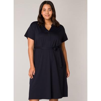 Sommerkleid BASE LEVEL CURVY, Damen, Gr. 50, N-Gr, blau (dunkelblau), Web, Obermaterial: 65% Viskose, 30% Nylon, 5% Elasthan, unifarben, casual, knielang, V-Ausschnitt, Kurzarm, Kleider, mit Bindegürtel Image