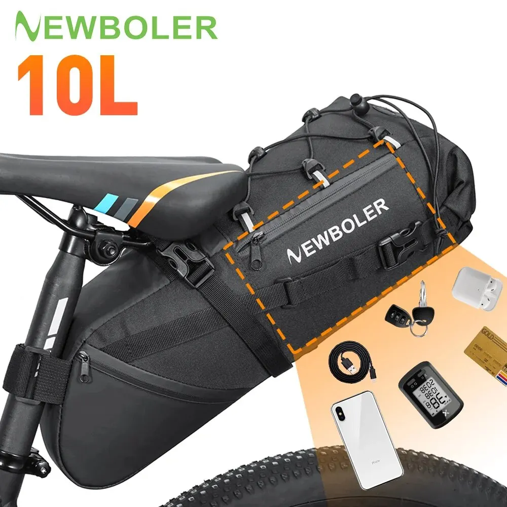 NEWBOLER Fahrradtasche, wasserdicht, 10 l, großes Fassungsvermögen, Fahrradsatteltasche, Radfahren, faltbar, Hecktasche, MTB, Straßenkofferraum, Bikepacking Image