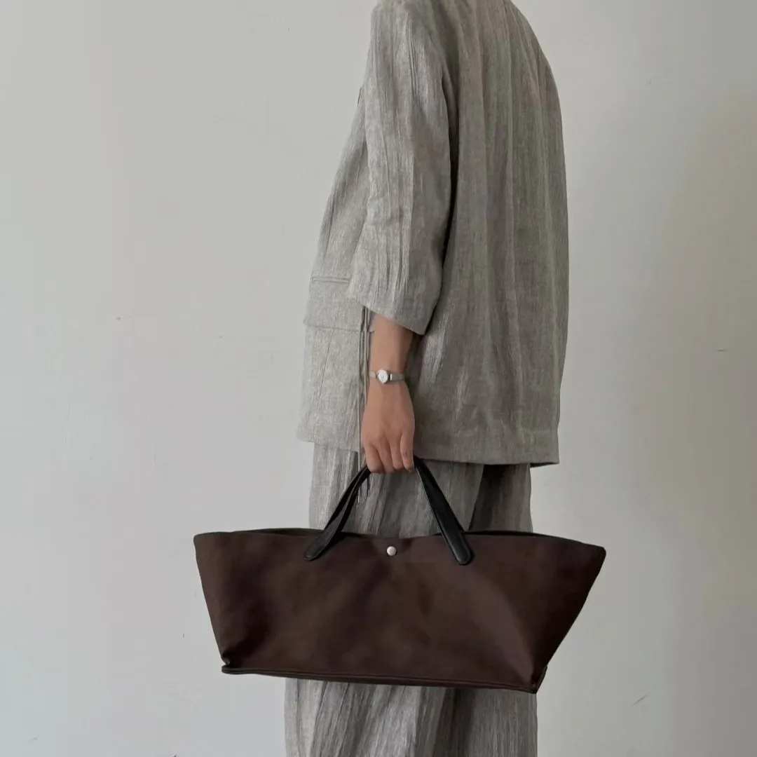 FIRMRANCH Vintage Einfachheit Große Kapazität Handkorb Hochwertige Rindsleder Tote Pendler Canvas Schulter Diagonal Tasche Image