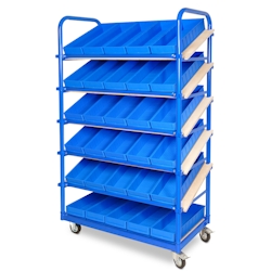 BRB Schrägboden-Regalwagen mit 6 Ebenen, BxTxH 1050x500x1690 mm, 2 Lenk- (mit Feststellbremse) u. 2 Bockrollen mit 30 Regalkästen Image