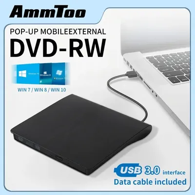 AMMTOO External CD DVD Drive USB 3.0 Portable Fits for DVD-R DVD-RW Player Burner for PC Laptop