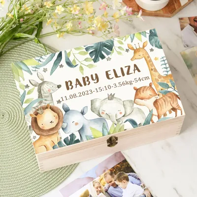 Personalized Baby Memory Box Custom Forest Animal Wooden Box Newborn Shower Gift Infant Birth Stats