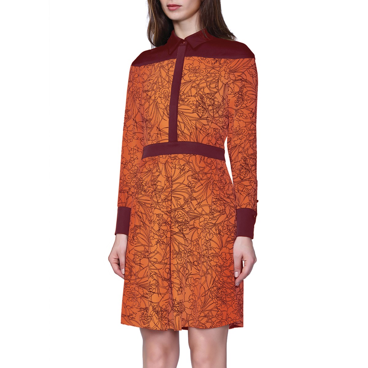 Hemdblusenkleid aus Bi-Material mit linearem Blumendruck Image