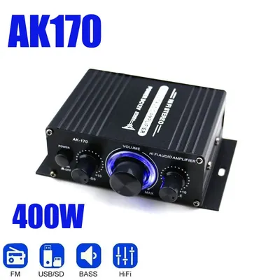 AK170 Mini Digital Power Audio Car Amplifier Blue Light Stereo Audio Amplifier for Home Theater Club