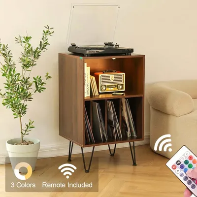 CD Rack Record Player Stand with LED Lights Record Storage Stand LED with Metal Hairpin Legs Record