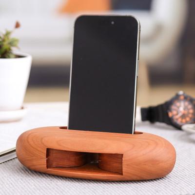 Serene Sounds,'Hand-Carved Minimalist Oval Cherry Wood Phone Speaker'