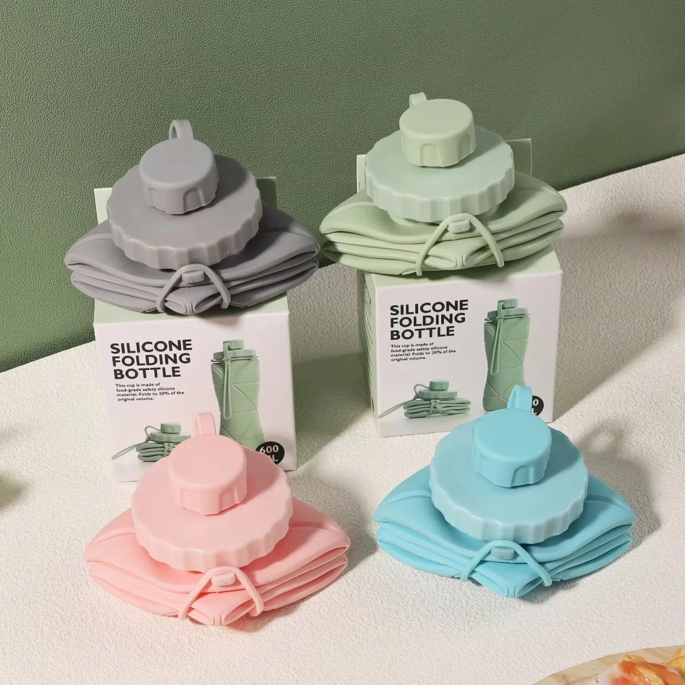 600ml Silikon Falt flasche Erwachsene tragbare wieder verwendbare Plastik becher Outdoor Travel Gym Wasser flasche motivierende Trink flasche Image