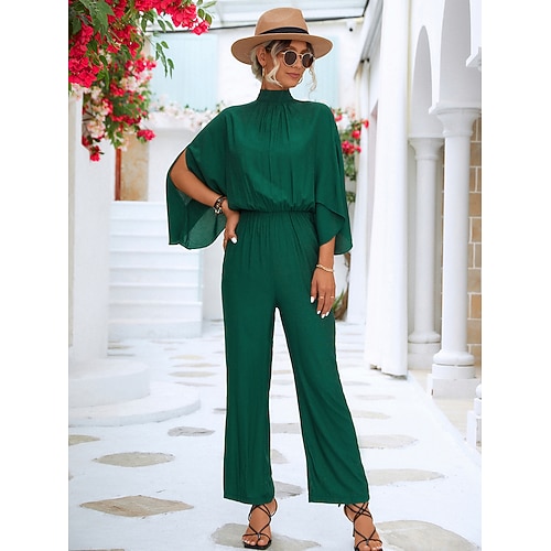 Damen Normal Jumpsuit Elegant Feste Farbe 3/4 Ärmel Fledermaus Ärmel Breites Bein Rollkragen Gefaltet Arbeit Lockere Passform Schwarz Grün Sommer Image