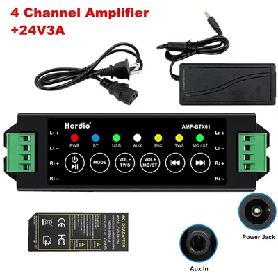 Herdio 24V3A Home Power Adapter Receiver 4-Way Bluetooth AMP Box & Aux Mini Amplifier For Bathroom