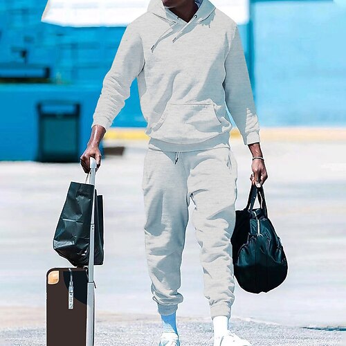 Herren Trainingsanzug Jogginganzug Kordelzug Tasche Einfarbig Kapuzenpulli und Hose Jacke und Jogginghose Sportbekleidungsset Herbst Winter Dunkelgrau Cachi scuro Fitnesstraining Joggen Laufen Image