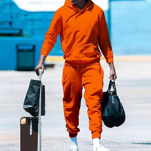 Herren Trainingsanzug Jogginganzug Kordelzug Tasche Einfarbig Kapuzenpulli und Hose Jacke und Jogginghose Sportbekleidungsset Herbst Dunkelgrau Cachi scuro Fitnesstraining Joggen Laufen Thermowarm Image