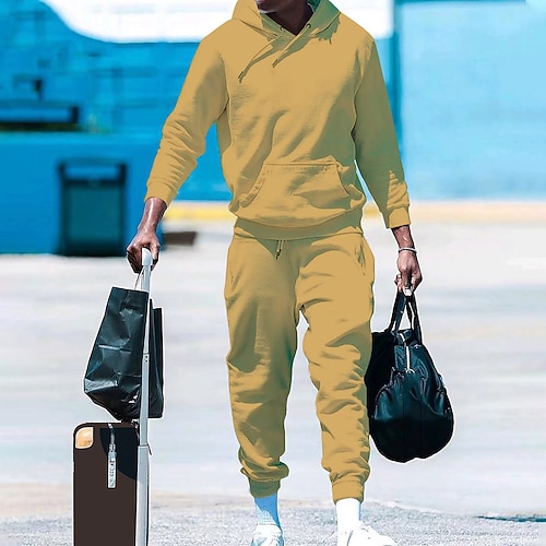 Herren Trainingsanzug Jogginganzug Kordelzug Tasche Einfarbig Kapuzenpulli und Hose Jacke und Jogginghose Sportbekleidungsset Herbst Dunkelgrau Cachi scuro Fitnesstraining Joggen Laufen Thermowarm Image