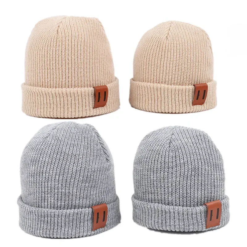 Baby Strickmütze für Jungen Mädchen Herbst Winter Warme Kinder Beanie Erwachsene Kinder Eltern-Kind-Hüte Neugeborene Babymütze mit Lederetikett Image